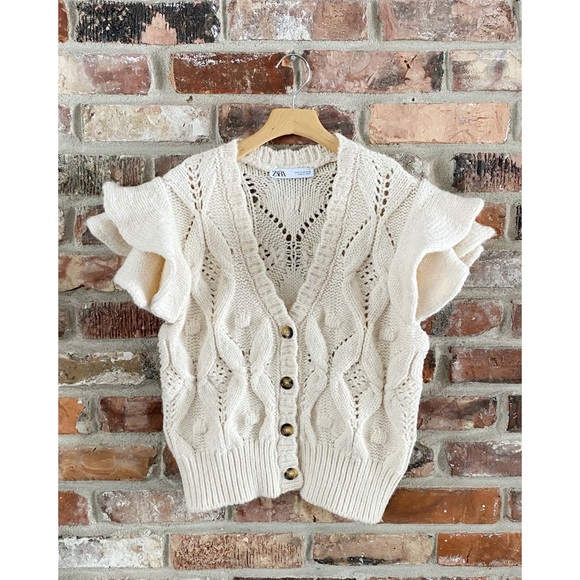 Zara Sweaters - Zara Ruffle Knit Cardigan Short Sleeve Sweater Vest Button Front V Neck
